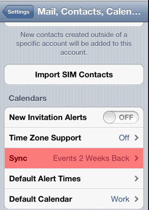 iPhone - Mail, Contacts, Calendar - Sync Events 2 Weeks Back