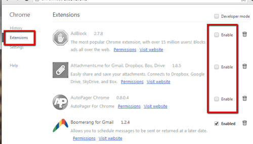 Chrome disable Extensions