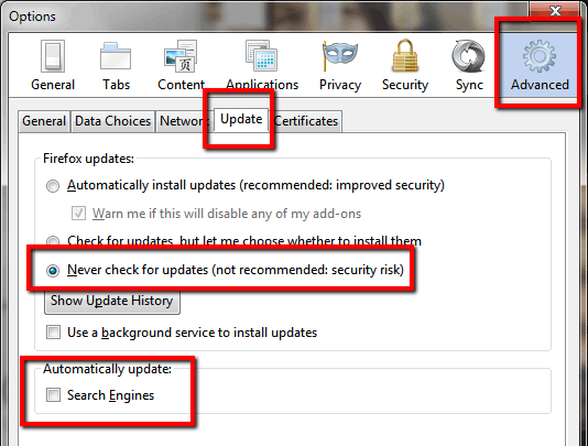 Firefox disable Update