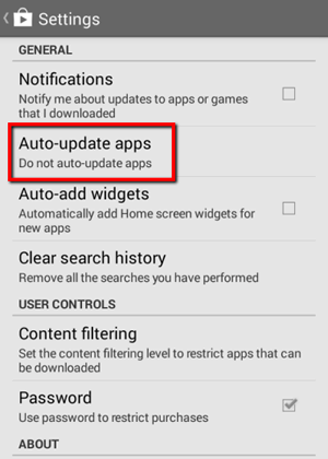 Google Play Settings - Auto-update apps