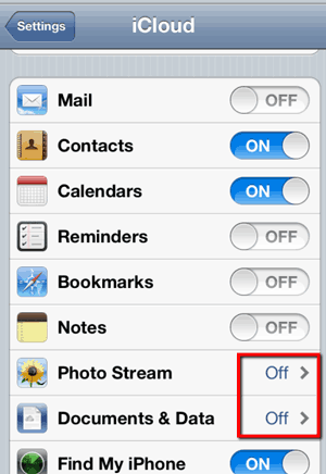 iCloud settings - disable Photo Stream and Document & Data