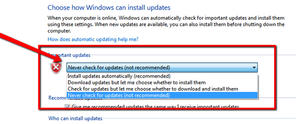 Windows Update: Never check for updates