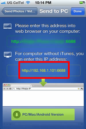 Transfer pictures from iPhone to PC through Wifi Enter IP Address