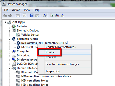 Disabling Bluetooth Device in Device Manager